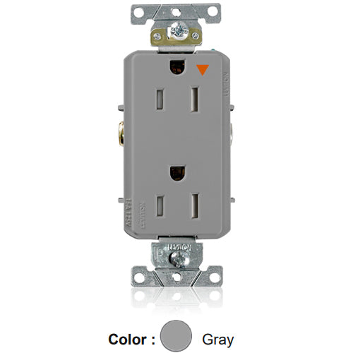 Leviton T1626-IGG, Decora Plus Straight Blade Duplex Receptacle, Heavy-Duty Industrial Specification Grade, Smooth Face, Isolated Ground, Tamper-Resistant, 15A 125V, NEMA 5-15R, 2-Pole, 3-Wire, Back and Side Wire, Gray