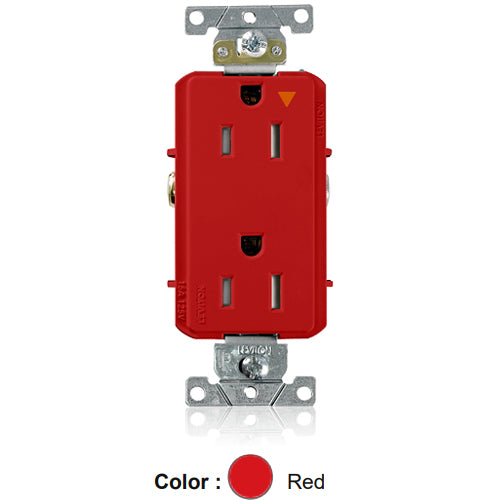 Leviton T1626-IGR, Decora Plus Straight Blade Duplex Receptacle, Heavy-Duty Industrial Specification Grade, Smooth Face, Isolated Ground, Tamper-Resistant, 15A 125V, NEMA 5-15R, 2-Pole, 3-Wire, Back and Side Wire, Red