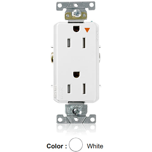 Leviton T1626-IGW, Decora Plus Straight Blade Duplex Receptacle, Heavy-Duty Industrial Specification Grade, Smooth Face, Isolated Ground, Tamper-Resistant, 15A 125V, NEMA 5-15R, 2-Pole, 3-Wire, Back and Side Wire, White