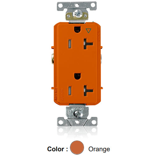 Leviton T1636-IG, Decora Plus Straight Blade Duplex Receptacle, Heavy-Duty Industrial Specification Grade, Smooth Face, Isolated Ground, Tamper-Resistant, 20A 125V, NEMA 5-20R, 2-Pole, 3-Wire, Back and Side Wire, Orange