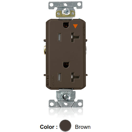 Leviton T1636-IGB, Decora Plus Straight Blade Duplex Receptacle, Heavy-Duty Industrial Specification Grade, Smooth Face, Isolated Ground, Tamper-Resistant, 20A 125V, NEMA 5-20R, 2-Pole, 3-Wire, Back and Side Wire, Brown