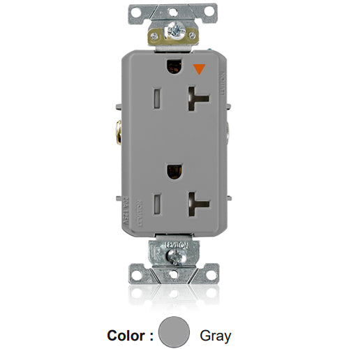 Leviton T1636-IGG, Decora Plus Straight Blade Duplex Receptacle, Heavy-Duty Industrial Specification Grade, Smooth Face, Isolated Ground, Tamper-Resistant, 20A 125V, NEMA 5-20R, 2-Pole, 3-Wire, Back and Side Wire, Gray