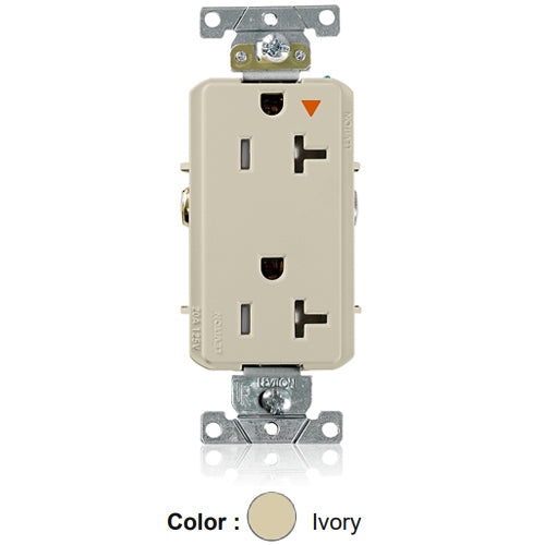 Leviton T1636-IGI, Decora Plus Straight Blade Duplex Receptacle, Heavy-Duty Industrial Specification Grade, Smooth Face, Isolated Ground, Tamper-Resistant, 20A 125V, NEMA 5-20R, 2-Pole, 3-Wire, Back and Side Wire, Ivory