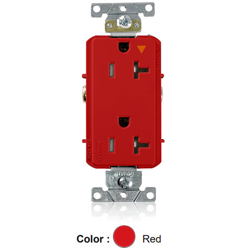 Leviton T1636-IGR, Decora Plus Straight Blade Duplex Receptacle, Heavy-Duty Industrial Specification Grade, Smooth Face, Isolated Ground, Tamper-Resistant, 20A 125V, NEMA 5-20R, 2-Pole, 3-Wire, Back and Side Wire, Red
