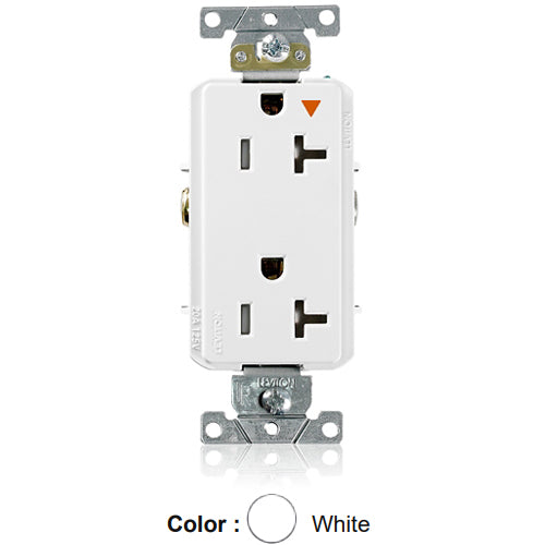 Leviton T1636-IGW, Decora Plus Straight Blade Duplex Receptacle, Heavy-Duty Industrial Specification Grade, Smooth Face, Isolated Ground, Tamper-Resistant, 20A 125V, NEMA 5-20R, 2-Pole, 3-Wire, Back and Side Wire, White