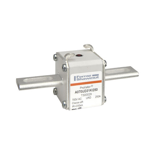 Mersen T300029, Square Body High-Speed Fuse, Fast Acting, Size 31 aR, 690/700VAC, 250A, With Striker Slotted Blades short