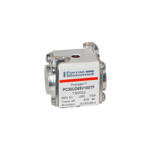 Mersen T300052, Square Body High-Speed Fuse, Fast Acting, Size 30 aR, 690/700VAC, 100A, With Striker Flush ends metric threads