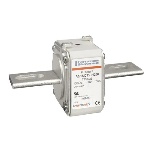 Mersen T300236, Square Body High-Speed Fuse, Fast Acting, Size 33 aR, 690/700VAC, 1250A, With Striker Slotted Blades long
