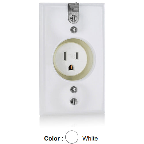 Leviton T5015-CHW, Tamper-Resistant Straight Blade Recessed Single Receptacle with Hook on Wallplate, Commercial Specification Grade, Smooth Face, 15A 125V, NEMA 5-15R, 2-Pole, 3-Wire, Back and Side Wire, White