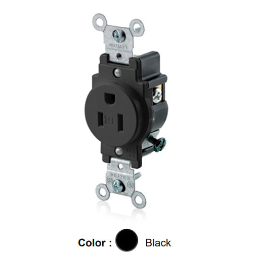 Leviton T5015-E, Tamper-Resistant Standard Straight Blade Single Receptacle, Commercial Specification Grade, Smooth Face, 15A 125V, NEMA 5-15R, 2-Pole, 3-Wire, Self-Grounding, Back and Side Wire, Black