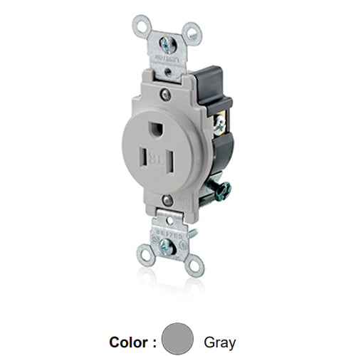 Leviton T5015-GY, Tamper-Resistant Standard Straight Blade Single Receptacle, Commercial Specification Grade, Smooth Face, 15A 125V, NEMA 5-15R, 2-Pole, 3-Wire, Self-Grounding, Back and Side Wire, Gray