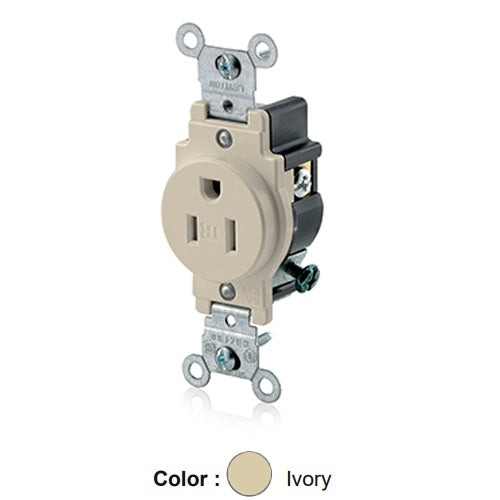 Leviton T5015-I, Tamper-Resistant Standard Straight Blade Single Receptacle, Commercial Specification Grade, Smooth Face, 15A 125V, NEMA 5-15R, 2-Pole, 3-Wire, Self-Grounding, Back and Side Wire, Ivory