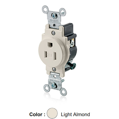 Leviton T5015-T, Tamper-Resistant Standard Straight Blade Single Receptacle, Commercial Specification Grade, Smooth Face, 15A 125V, NEMA 5-15R, 2-Pole, 3-Wire, Self-Grounding, Back and Side Wire, Light Almond