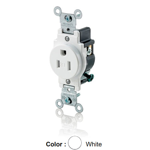 Leviton T5015-W, Tamper-Resistant Standard Straight Blade Single Receptacle, Commercial Specification Grade, Smooth Face, 15A 125V, NEMA 5-15R, 2-Pole, 3-Wire, Self-Grounding, Back and Side Wire, White