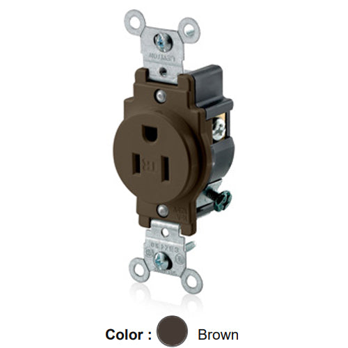 Leviton T5015, Tamper-Resistant Standard Straight Blade Single Receptacle, Commercial Specification Grade, Smooth Face, 15A 125V, NEMA 5-15R, 2-Pole, 3-Wire, Self-Grounding, Back and Side Wire, Brown