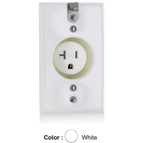 Leviton T5020-CHW, Tamper-Resistant Straight Blade Recessed Single Receptacle with Hook on Wallplate, Commercial Specification Grade, Smooth Face, 20A 125V, NEMA 5-20R, 2-Pole, 3-Wire, Back and Side Wire, White