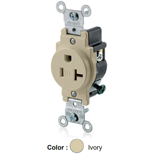 Leviton T5020-I, Tamper-Resistant Standard Straight Blade Single Receptacle, Commercial Specification Grade, Smooth Face, 20A 125V, NEMA 5-20R, 2-Pole, 3-Wire, Self-Grounding, Back and Side Wire, Ivory