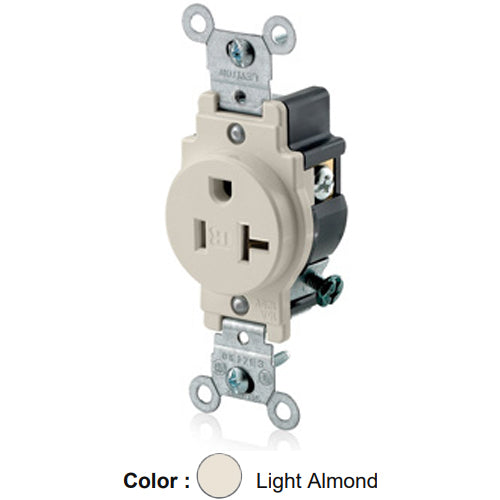 Leviton T5020-T, Tamper-Resistant Standard Straight Blade Single Receptacle, Commercial Specification Grade, Smooth Face, 20A 125V, NEMA 5-20R, 2-Pole, 3-Wire, Self-Grounding, Back and Side Wire, Light Almond