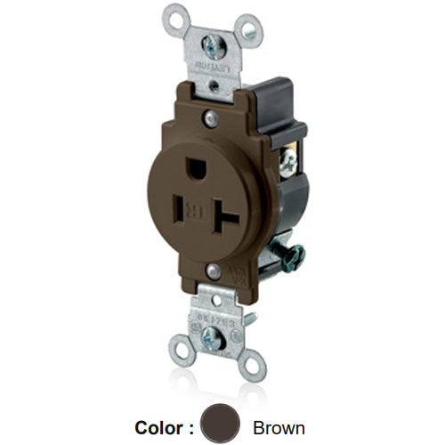 Leviton T5020, Tamper-Resistant Standard Straight Blade Single Receptacle, Commercial Specification Grade, Smooth Face, 20A 125V, NEMA 5-20R, 2-Pole, 3-Wire, Self-Grounding, Back and Side Wire, Brown
