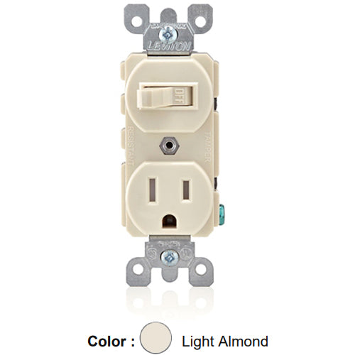 Leviton T5225-T, Duplex Style Single-Pole/5-15R AC Combination Switch, Tamper-Resistant, Commercial Grade, 15 Amp, 120 Volt, Grounding, Side Wired, Light Almond