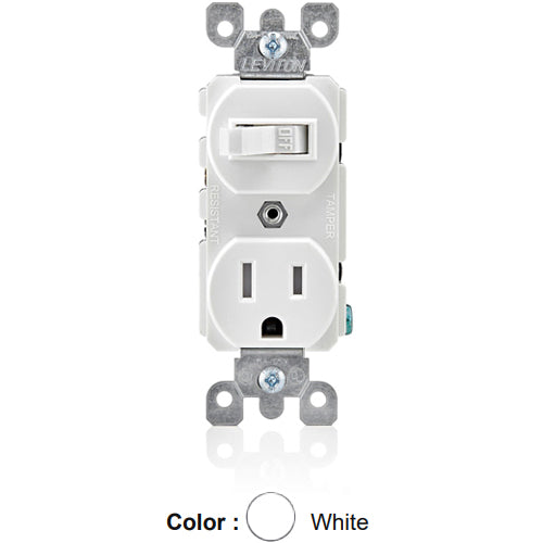 Leviton T5225-W, Duplex Style Single-Pole/5-15R AC Combination Switch, Tamper-Resistant, Commercial Grade, 15 Amp, 120 Volt, Grounding, Side Wired, White