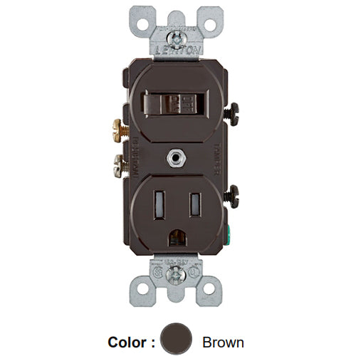 Leviton T5225, Duplex Style Single-Pole/5-15R AC Combination Switch, Tamper-Resistant, Commercial Grade, 15 Amp, 120 Volt, Grounding, Side Wired, Brown