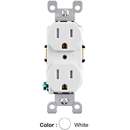 Leviton T5248-WCP, Tamper-Resistant Straight Blade Duplex Receptacle with Ears, Residential Grade, 15A 125V, NEMA 5-15R, 2-Pole, 3-Wire, 8-Hole Quickwire Push-In, White, Contractor Pack of 10