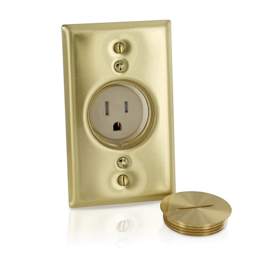 Leviton T5250-B, Tamper-Resistant Straight Blade Recessed Single Receptacle with Wallplate Featuring Removable Cover, Commercial Specification Grade, Smooth Face, 15A 125V, NEMA 5-15R, 2-Pole, 3-Wire, Back and Side Wire, Brass