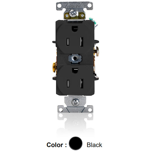 Leviton T5262-E, Tamper-Resistant Standard Straight Blade Duplex Receptacle, Heavy-Duty Industrial Specification Grade, Smooth Face, 15A 125V, NEMA 5-15R, 2-Pole, 3-Wire, Self-Grounding, Back and Side Wire, Black