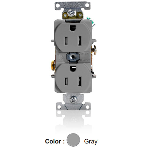 Leviton T5262-GY, Tamper-Resistant Standard Straight Blade Duplex Receptacle, Heavy-Duty Industrial Specification Grade, Smooth Face, 15A 125V, NEMA 5-15R, 2-Pole, 3-Wire, Self-Grounding, Back and Side Wire, Gray