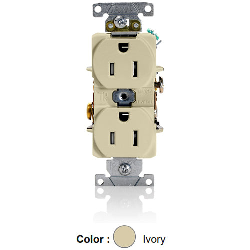 Leviton T5262-I, Tamper-Resistant Standard Straight Blade Duplex Receptacle, Heavy-Duty Industrial Specification Grade, Smooth Face, 15A 125V, NEMA 5-15R, 2-Pole, 3-Wire, Self-Grounding, Back and Side Wire, Ivory