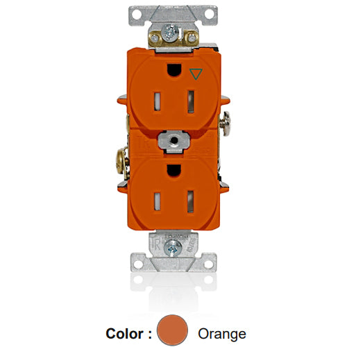 Leviton T5262-IG, Tamper-Resistant Standard Straight Blade Duplex Receptacle, Heavy-Duty Industrial Specification Grade, Smooth Face, Isolated Ground, 15A 125V, NEMA 5-15R, 2-Pole, 3-Wire, Back and Side Wire, Orange