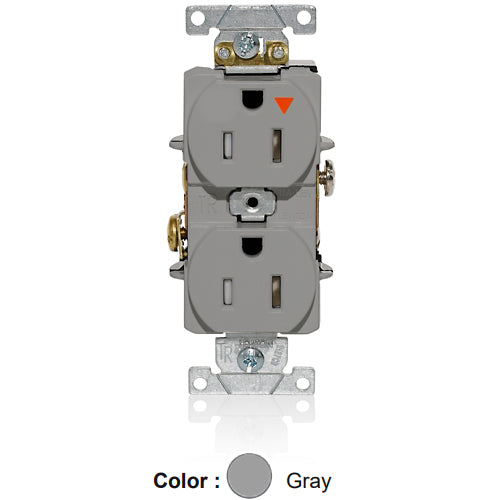 Leviton T5262-IGG, Tamper-Resistant Standard Straight Blade Duplex Receptacle, Heavy-Duty Industrial Specification Grade, Smooth Face, Isolated Ground, 15A 125V, NEMA 5-15R, 2-Pole, 3-Wire, Back and Side Wire, Gray