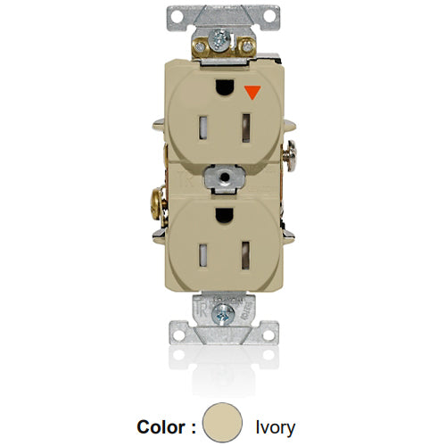 Leviton T5262-IGI, Tamper-Resistant Standard Straight Blade Duplex Receptacle, Heavy-Duty Industrial Specification Grade, Smooth Face, Isolated Ground, 15A 125V, NEMA 5-15R, 2-Pole, 3-Wire, Back and Side Wire, Ivory