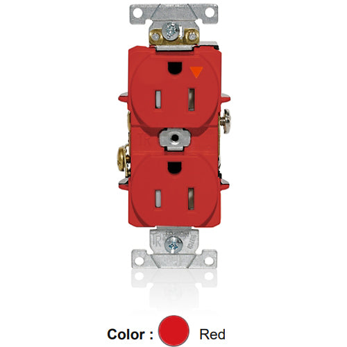 Leviton T5262-IGR, Tamper-Resistant Standard Straight Blade Duplex Receptacle, Heavy-Duty Industrial Specification Grade, Smooth Face, Isolated Ground, 15A 125V, NEMA 5-15R, 2-Pole, 3-Wire, Back and Side Wire, Red