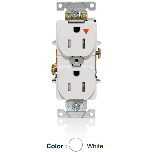 Leviton T5262-IGW, Tamper-Resistant Standard Straight Blade Duplex Receptacle, Heavy-Duty Industrial Specification Grade, Smooth Face, Isolated Ground, 15A 125V, NEMA 5-15R, 2-Pole, 3-Wire, Back and Side Wire, White