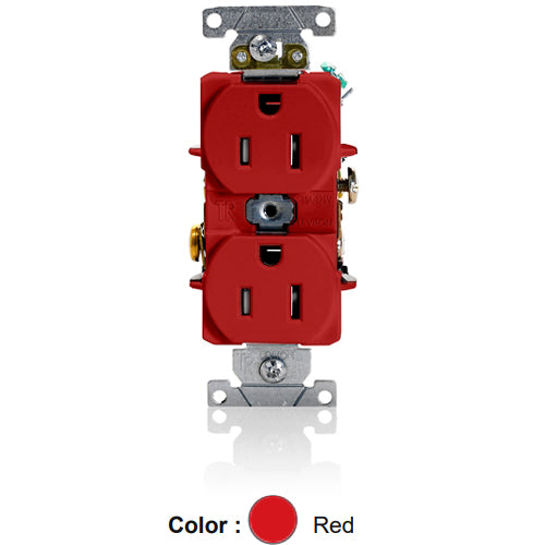 Leviton T5262-R, Tamper-Resistant Standard Straight Blade Duplex Receptacle, Heavy-Duty Industrial Specification Grade, Smooth Face, 15A 125V, NEMA 5-15R, 2-Pole, 3-Wire, Self-Grounding, Back and Side Wire, Red