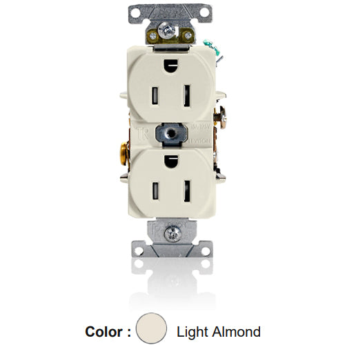 Leviton T5262-T, Tamper-Resistant Standard Straight Blade Duplex Receptacle, Heavy-Duty Industrial Specification Grade, Smooth Face, 15A 125V, NEMA 5-15R, 2-Pole, 3-Wire, Self-Grounding, Back and Side Wire, Light Almond