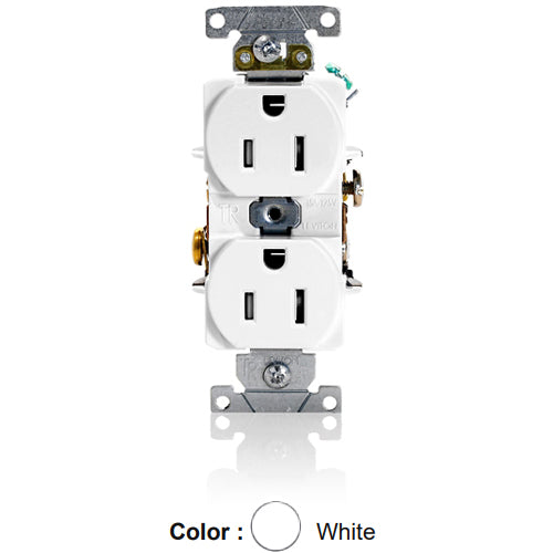 Leviton T5262-W, Tamper-Resistant Standard Straight Blade Duplex Receptacle, Heavy-Duty Industrial Specification Grade, Smooth Face, 15A 125V, NEMA 5-15R, 2-Pole, 3-Wire, Self-Grounding, Back and Side Wire, White