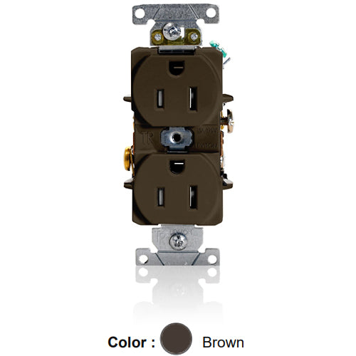 Leviton T5262, Tamper-Resistant Standard Straight Blade Duplex Receptacle, Heavy-Duty Industrial Specification Grade, Smooth Face, 15A 125V, NEMA 5-15R, 2-Pole, 3-Wire, Self-Grounding, Back and Side Wire, Brown