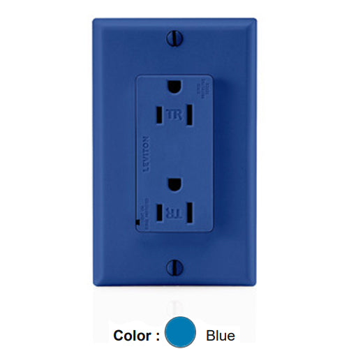 Leviton T5280-B, Decora Plus Surge Protective Duplex Receptacle, Commercial Specification Grade, Tamper-Resistant, Indicator Light, 15A 125V, NEMA 5-15R, 2-Pole, 3-Wire, Back and Side Wire, Blue