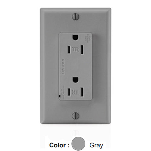 Leviton T5280-GY, Decora Plus Surge Protective Duplex Receptacle, Commercial Specification Grade, Tamper-Resistant, Indicator Light, 15A 125V, NEMA 5-15R, 2-Pole, 3-Wire, Back and Side Wire, Gray