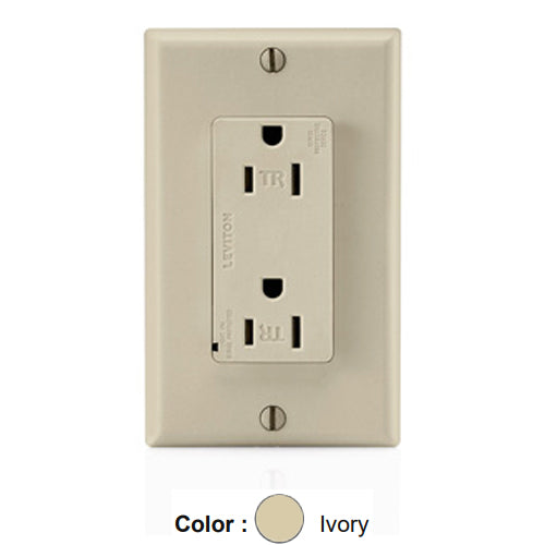 Leviton T5280-I, Decora Plus Surge Protective Duplex Receptacle, Commercial Specification Grade, Tamper-Resistant, Indicator Light, 15A 125V, NEMA 5-15R, 2-Pole, 3-Wire, Back and Side Wire, Ivory