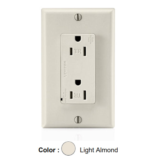 Leviton T5280-T, Decora Plus Surge Protective Duplex Receptacle, Commercial Specification Grade, Tamper-Resistant, Indicator Light, 15A 125V, NEMA 5-15R, 2-Pole, 3-Wire, Back and Side Wire, Light Almond