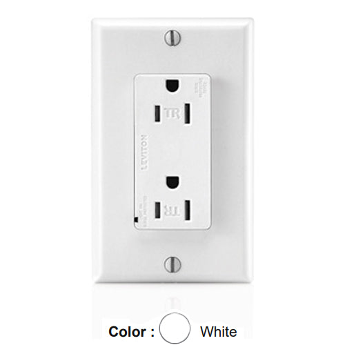 Leviton T5280-W, Decora Plus Surge Protective Duplex Receptacle, Commercial Specification Grade, Tamper-Resistant, Indicator Light, 15A 125V, NEMA 5-15R, 2-Pole, 3-Wire, Back and Side Wire, White