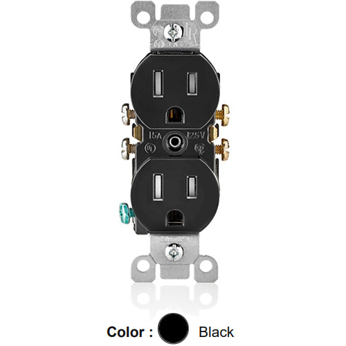 Leviton T5320-E, Tamper-Resistant Straight Blade Duplex Receptacle, Residential Grade, 15A 125V, NEMA 5-15R, 2-Pole, 3-Wire, Quickwire Push-In & Side Wired, Black, 4 Packs