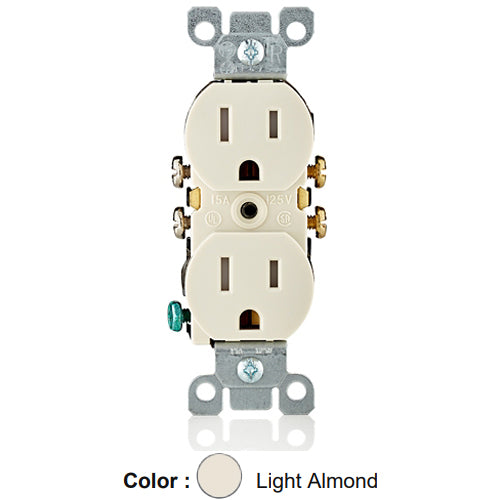 Leviton T5320-T, Tamper-Resistant Straight Blade Duplex Receptacle, Residential Grade, 15A 125V, NEMA 5-15R, 2-Pole, 3-Wire, Quickwire Push-In & Side Wired, Light Almond, 4 Packs