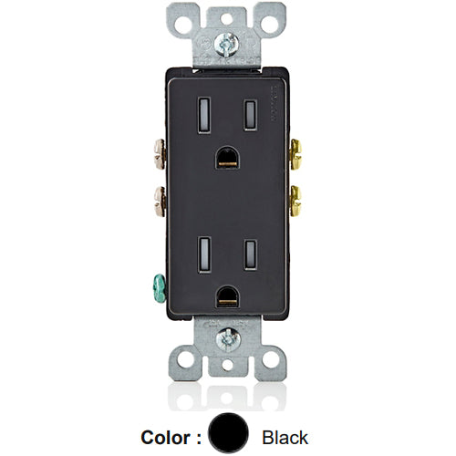 Leviton T5325-E, Tamper-Resistant Decora Straight Blade Duplex Receptacle, Residential Grade, 15A 125V, NEMA 5-15R, 2-Pole, 3-Wire, Quickwire Push-In & Side Wired, Black, 4 Packs