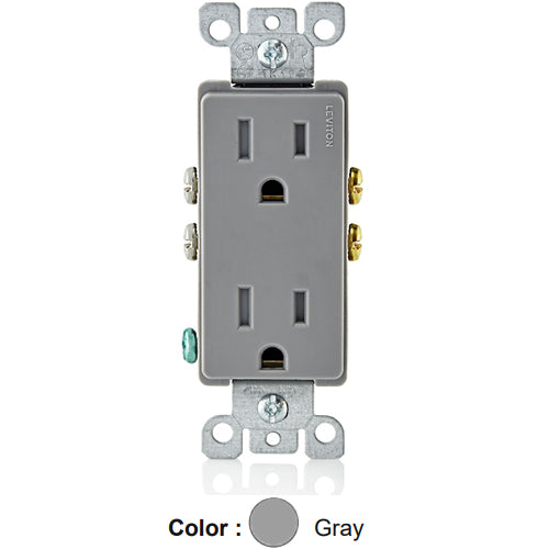 Leviton T5325-GY, Tamper-Resistant Decora Straight Blade Duplex Receptacle, Residential Grade, 15A 125V, NEMA 5-15R, 2-Pole, 3-Wire, Quickwire Push-In & Side Wired, Gray, 4 Packs