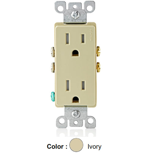 Leviton T5325-I, Tamper-Resistant Decora Straight Blade Duplex Receptacle, Residential Grade, 15A 125V, NEMA 5-15R, 2-Pole, 3-Wire, Quickwire Push-In & Side Wired, Ivory, 4 Packs
